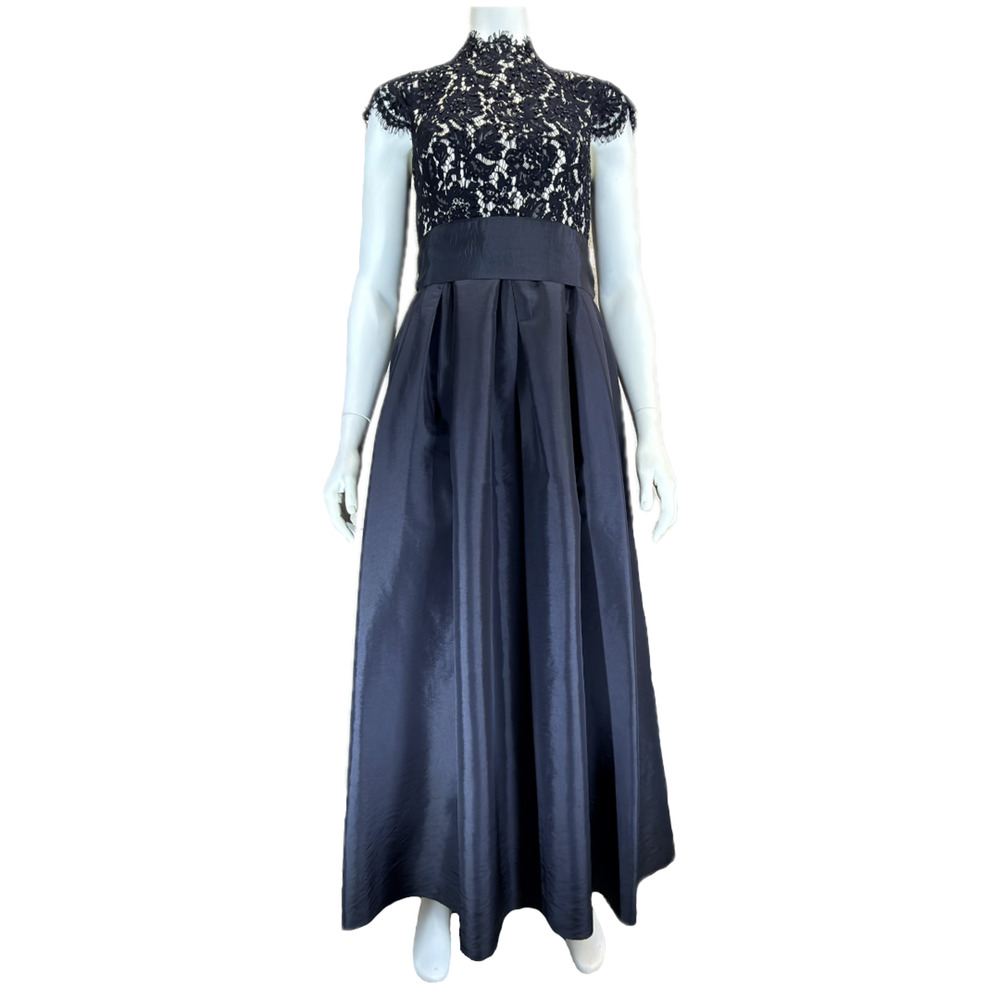 Eliza J Black Dress Size 6P Beaded Bodice Taffeta Gown Cap Sleeves Lace Formal